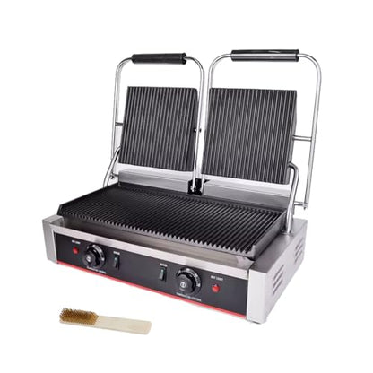 Commercial Panini Press With Grooved Grill Sandwich Maker Machine Electric Contact Grill Single (Double Grooved Top&Bottom) - style: Double Grooved Top&Bottom