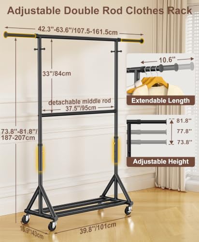 Heavy Duty Clothes Rack Loads 760 LBS, Double Tier Clothing Rack for Hanging Clothes with Wheels, 74~81 Inches Tall Double Rod Metal Garment Rack, Rolling Coat Storage Rack for Bedroom Commercial Use - color: Black