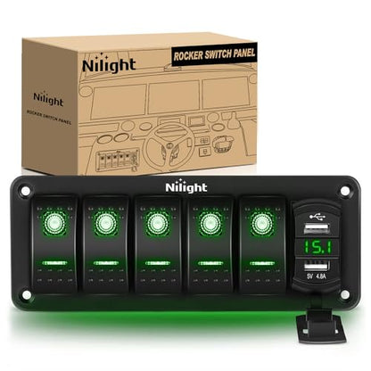 Nilight 5 Gang Rocker Switch Panel with Dual USB Socket Voltmeter - color: Green, size: 6 Gang Dual USB