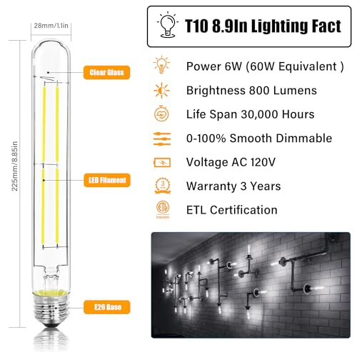 8.9IN LED Light Bulbs E26 Base, 6W 800LM 5000K Daylight White T10 T9 Vintage Edison Bulbs Dimmable, AC 120V Equal 80 Watt Clear Glass Long Tubular Filament Bulb, ETL Certified - 4Pack - size: 9 Inch 6W (4 Count)