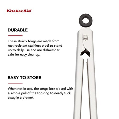 KitchenAid Gourmet Stainless Steel Serving Tongs with Hang Hook and Secure Closing Lock, 9 Inch, Stainless Steel (Pack of 12) - color: Stainless Steel, size: 9 Inches (Pack of 12)
