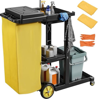 DWVO 3-Tier Janitorial Cart on Wheels,Black Cleaning Housekeeping Cart - color: Black