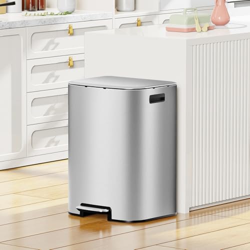 KUK 16 Gallon Kitchen Trash Can with Lid, Heavy Duty Hands-Free Stainless Steel Commercial Step Trash Bin with Removable Inner Bucket, Pedal Rubbish Bin for Home Office and Kitchen, 60L/16Gal - size: 16 Gallon