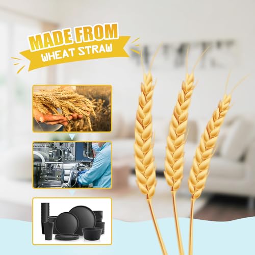 Teivio 24-Piece Kitchen Plastic Coupe Wheat Straw Dinnerware Set, Service for 6, Dinner Plates, Dessert Plate, Cereal Bowls, Cups, Unbreakable Unique Plastic Outdoor Camping RV Dishes, Black - color: Deep Black