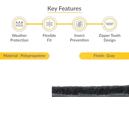 Brixwell Zipper Pile Weatherstrip - 100' Roll, 0.200" Pile Height, Zipper Weatherization Seal for Windows & Doors, Weatherstrip Replacement, Door Weather Seal, Gray Finish - style: 0.200"(5.1mm)