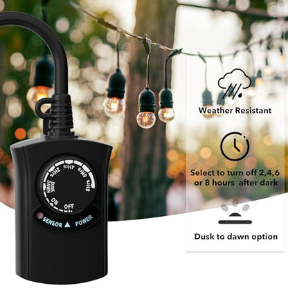 HBN Outdoor Light Timer Waterproof, Weatherproof Photocell Dusk to Dawn Light Sensor, 2/4/6/8 Countdown Timer, 1 Grounded Outlet for Christmas Lights，Hallowen Deceration，1875W 15A 1/2HP（2 Pack） - size: 1 Outlet-2 Pack