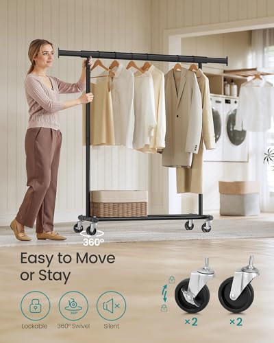 SONGMICS Clothes Rack with Wheels, Heavy-Duty, 220 lb Load Capacity - color: Black, size: 17.7"D x (36.2"-52")W x 63.6"H