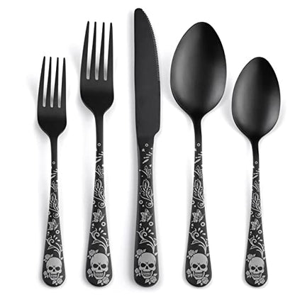 40 Piece Skull Pattern Matte Silverware Set for 8, Black Flatware set Service for 8,Gothic Unique Skull Pattern Design,18/0 Stainless,Satin Finish Cutlery for 8,Dishwasher Safe - color: Matte Black-Skull /40pieces