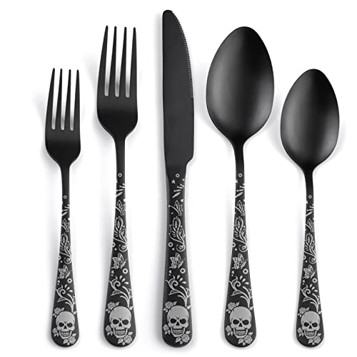 40 Piece Skull Pattern Matte Silverware Set for 8, Black Flatware set Service for 8,Gothic Unique Skull Pattern Design,18/0 Stainless,Satin Finish Cutlery for 8,Dishwasher Safe - color: Matte Black-Skull /40pieces