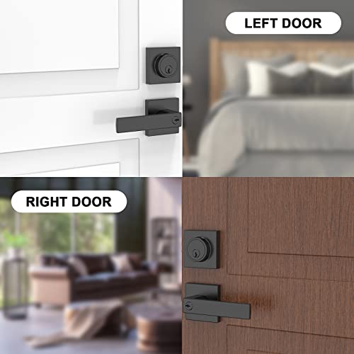 BAOLONG Modern Square Entry Lever Door Handle and Single Cylinder Deadbolts, Combo Pack Locking Lever Handle Set Matte Black Keyed Alike 5 Pack - size: 5 Pack