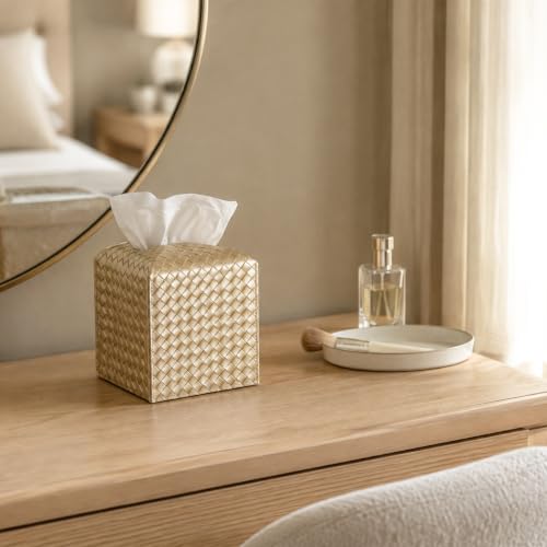 Tissue Box Cover Square Leather Facial Paper Holder, Gold - color: Gold, size: square