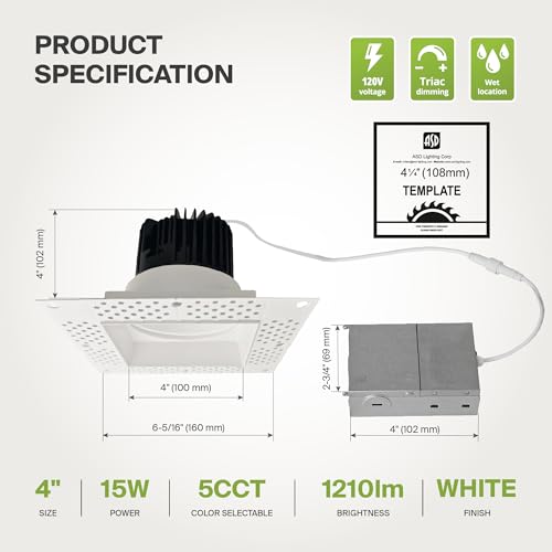 ASD 4 Inch Trimless LED Recessed Ceiling Light Fixture, Mud-in Canless Downlight with Junction Box, 5CCT Selectable 2700K-5000K, 15W 1090 Lumens, CRI90+, Anti-Glare, Dimmable, IC & Wet Rated, ETL - color: White 1 Pack, size: 4" 15 Watt