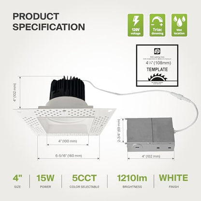 ASD 4 Inch Trimless LED Recessed Ceiling Light Fixture, Mud-in Canless Downlight with Junction Box, 5CCT Selectable 2700K-5000K, 15W 1090 Lumens, CRI90+, Anti-Glare, Dimmable, IC & Wet Rated, ETL - color: White 1 Pack, size: 4" 15 Watt