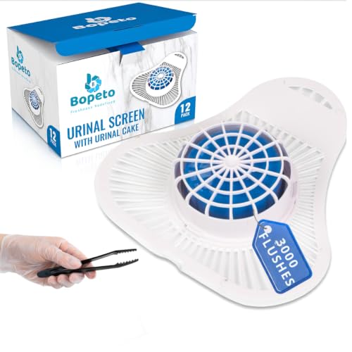 PREMIUM Urinal Screen Deodorizer-12 Pack, LONG-LASTING (Up to 30 DAYS/3000 FLUSHES), ANTI SPLASH & ODOR CONTROL, Urinal Cakes for Men Bathroom, Ocean Breeze Scent, with Gloves & Tongs