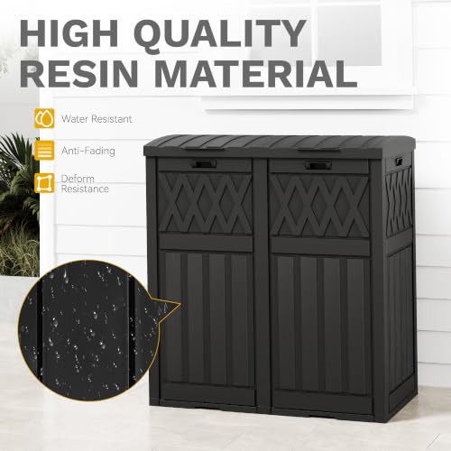 DWVO 72-Gallon Dual Outdoor Trash Can, Waterproof Resin Garbage Can with Tiered Lid & Drip Tray, Trash Bin for Patio, Deck, and Backyard, Black - color: Black, size: 72 Gallon