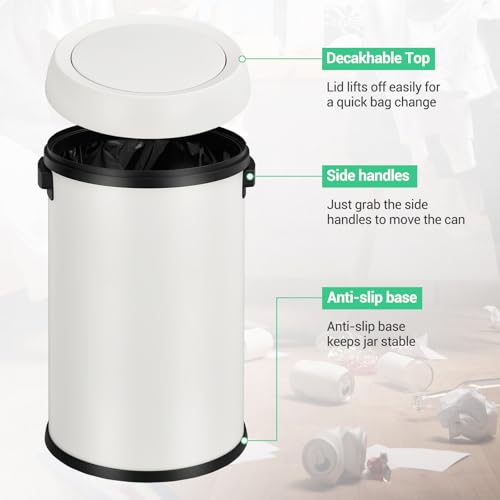 Jojoka 17 Gallon/65L Round Open Top Trash Can, Commercial Stainless Steel Garbage Bin, Heavy Duty Fingerprint & Rust Resistant Waste Container for Kitchen, Office, Restaurant,Flip-Top Trash Can,White - color: White swing lid