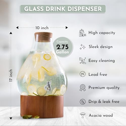Classic Home Teardrop Clear Glass Ice Cold Beverage Drink Dispenser- 2.75 Gallon, With Cork Lid & Modern Wood Base Leak Proof Spigot- Wide Mouth Easy Filling For Outdoor, Parties & Daily Use - color: Clear - 2.75 Gallon