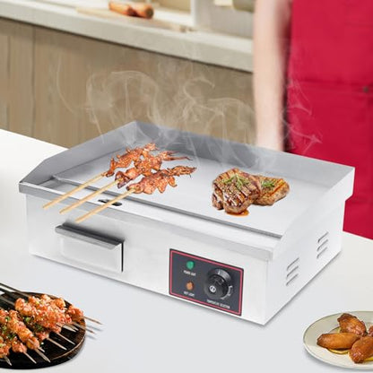 Commercial Electric Griddle, 21"x12" Teppanyaki Grill 1600W Electric Flat Top Heavy Duty Grill, 122-572°F Stainless Steel Countertop Griddle w/Drip Hole & Non-Stick Cooking Plate for Restaurant use
