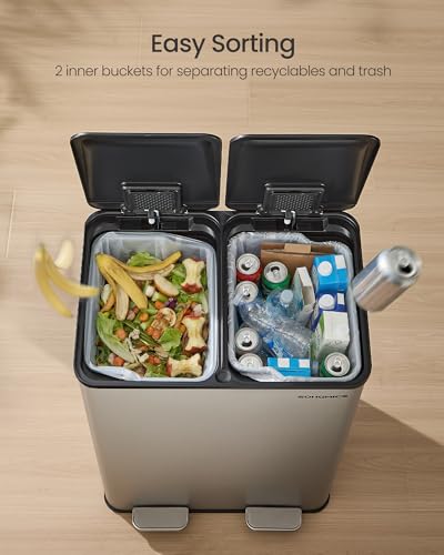 SONGMICS Trash Can, 2 x 8 Gallon (2 x 30 L) Dual-Compartment, Soft-Close - color: Silver, size: 2 x 8 Gallon