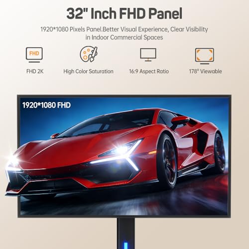 32 Inch Digital Signage Display on Wheels, Portable LCD Touch Digital Kiosk with Adjustable Rolling Stand, Phone App Control Android 14 Advertising Display Poster,HDMI/USB (Non-TouchKiosk)