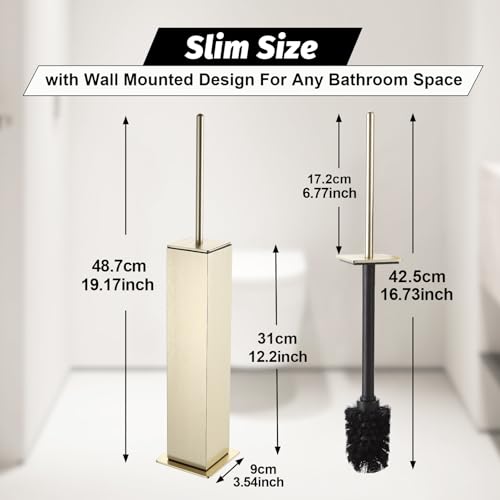 BGL Toilet Brush with Holder Set Brushed Gold Aluminium Standing for Bathroom Toilet Bowl Cleaner Brush and Holder Set, Square Design - color: Brushed Gold-standing