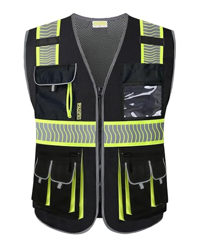 PACIFIC PPE Class 1 Safety Vest, 10 Pockets, 3M Reflective, Black, XX-Large - size: XX-Large