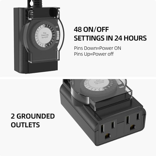 TiFFCOFiO Outdoor Timer Outlet Waterproof, 24 Hour Mechanical Light Timer Outdoor, 2 Grounded Outlets for Home and Garden, 15A 1/2HP, Heavy Duty, ETL Listed (1 Pack) - size: Mechanical, 1 PACK