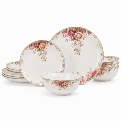 Bone China Dinnerware Set for 4, 12 Pcs Floral Plates and Bowls, Rose Bloom - color: Blush rose