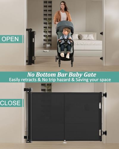 Miumoon 59 inch Reinforced Retractable Baby Gates 34 inch Tall - color: Black, size: 34" Tall x 59" Wide