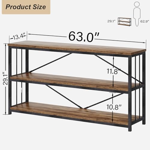 HSH Long Horizontal Bookshelf, Rustic Wood Low Etagere Bookcase for Bedroom, Industrial Metal 3 Tier Book Shelf for Living Room, Vintage Wide Open Large Bookshelves for Home Office, Brown, 63 Inch - color: Rustic Brown, size: 63 Inch