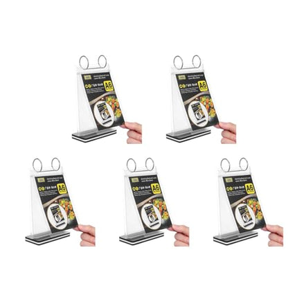 Ciieeo 5pcs Standing Flip Menu Display Holder A6 Clear PVC Tabletop Sign Holder Menu Display Stand for Restaurants Bars Coffee Shops Event Catering