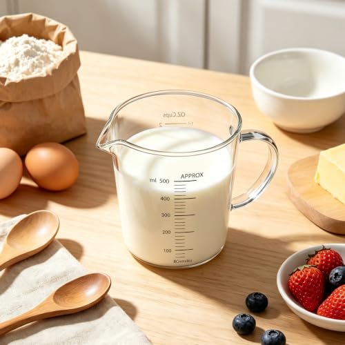 BCnmviku Glass Measuring Cups High Borosilicate 500ML 2CUPS [Insulated Handle | V-Shaped Spout]For Prepping Baking and Cooking Preheated Oven Dishwasher Freezer and Microwave Safe - size: 500ml
