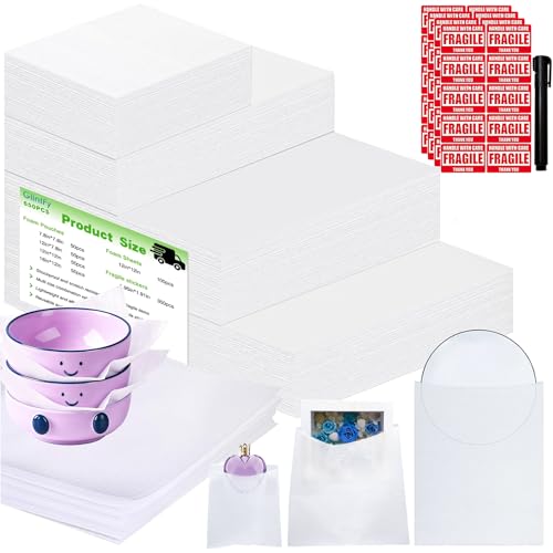 650Pcs Dish Packing Supplies for Moving,300 Foam Pouches & Sheets 4 Sizes (16x12",12x12",12x7.8",7.8x7.8") with 350 Fragile Stickers & Marker Pen for Moving, Packaging, Storage