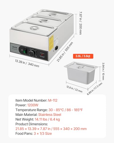 VEVOR Commercial Food Warmer, 1200W Electric Stainless Steel Steam Food Warmer, Fast Heating Countertop Buffet Bain Marie with Three 1/3 Size Food Pans, for Catering, Restaurants, Parties & Buffets - size: 21.85 x 13.39 x 7.87 in
