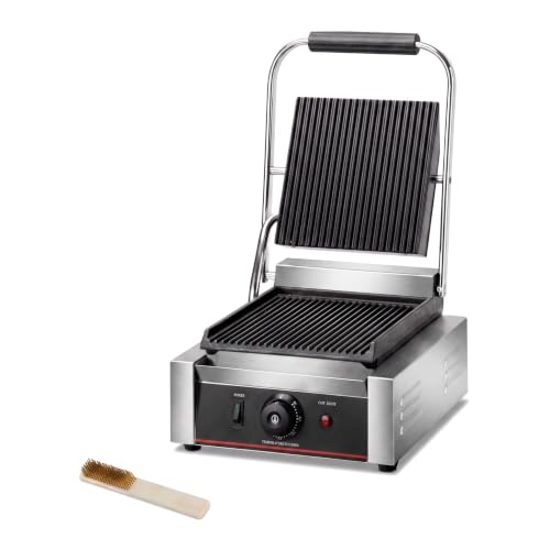 Commercial Panini Press With Grooved Grill Sandwich Maker Machine Electric Contact Grill Single (Single Grooved Top&Bottom) - style: Single Grooved Top&Bottom