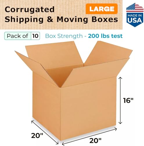 Extra Large Shipping & Moving Boxes 20x20x16 inches (10-Pack) - Extra Strength 200 lb vs Regular - Corrugated Shipping Boxes - Large Packing Box for Moving - Heavy Duty Box by IDL Packaging - size: 20 * 20 * 16" (Large Boxes)