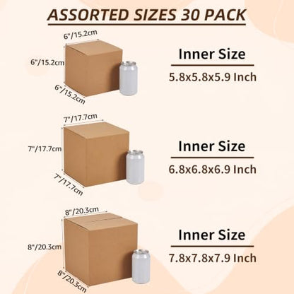 ZBEIVAN Shipping Boxes Mailers Assorted Sizes 8x8x8, 7x7x7, 6x6x6 inches Corrugated Cardboard Small Packing Kraft Moving Mailing Box, Pack of 30 - size: 8X8X8&7X7X7&6X6X6 inch