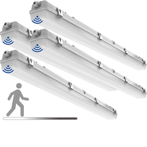 4FT LED Vapor Tight Light, Tri-Level Motion Sensor, IP65 IK08, 20W(2500lm)/40W(5000lm), 5000K, 100-277V, Dimmable, Outdoor Waterproof Shop Light, Vapor Proof Lighting Fixture for Carport, FCC, 4-Pack - size: 4FT 4 Pack