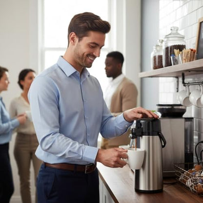 TrueCraftware- 2.2 Liter/ 74 oz Push Button Coffee Airpot Stainless Steel Body Glass Lined - Hot Beverage Coffee Chocolate Juice Tea Drinks Dispenser Ideal for Large Crowds for Any Occasion - size: 2.2 Liter