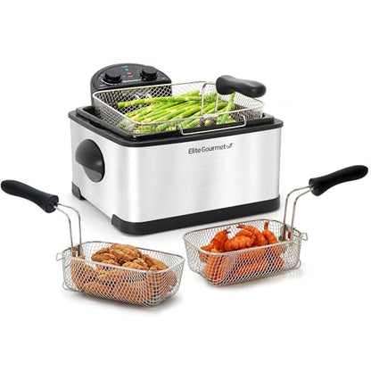 Elite Gourmet 4.5Qt Immersion Deep Fryer, 3 Baskets, 1700W, Adjustable Temp - color: Stainless Steel and Black, size: 3 Baskets