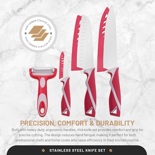DFACKTO 4-Piece Kitchen Knife Set with Vegetable Peeler without Block – Stainless Steel Knives for Kitchen, Dishwasher Safe Cooking Knife Set with Covers, Sharp Cutting Knives for Cooking – Magenta - color: Magenta
