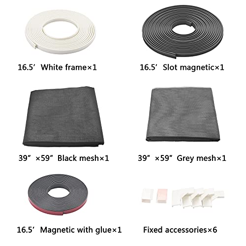 Adjustable Magnetic Mosquito Fiberglass Screen kit Seamless Window Screen for Pet/Screen/Porch Screen/Basement Window (Frame Length:197"/Screen:39"x59", White Frame + Black Screen + Gray Screen) - size: ‎frame:16.5'+screen:39"×59"x2