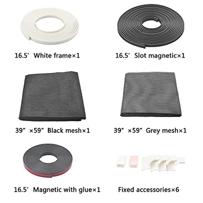 Adjustable Magnetic Mosquito Fiberglass Screen kit Seamless Window Screen for Pet/Screen/Porch Screen/Basement Window (Frame Length:197"/Screen:39"x59", White Frame + Black Screen + Gray Screen) - size: ‎frame:16.5'+screen:39"×59"x2