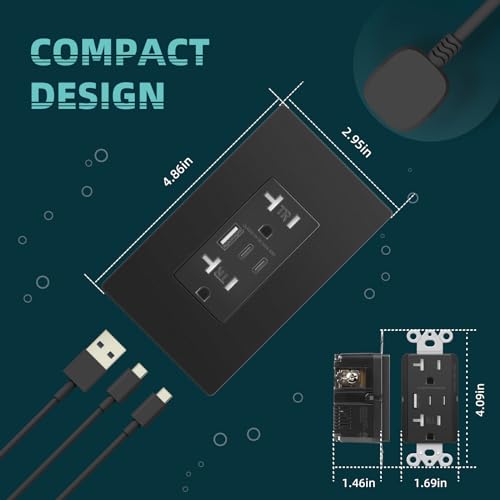 TOPELER Black USB Wall Charger Outlets, 6.0A/30W Wall Receptacle w/USB-C&A - color: Black, size: 20A