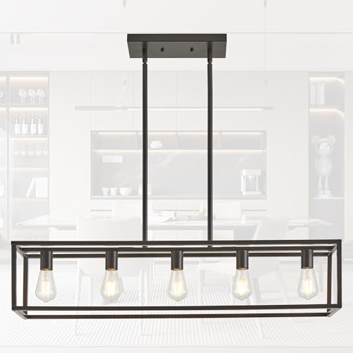Kitchen Light Fixtures Farmhouse Rectangle Chandeliers Dining Room Light for Dining Rooms, Light Fixture Matte Oil Rubbed Bronze 5-Light Industrial Pendant Lighting - color: Oil-Rubbed Bronze, size: 5 Lights