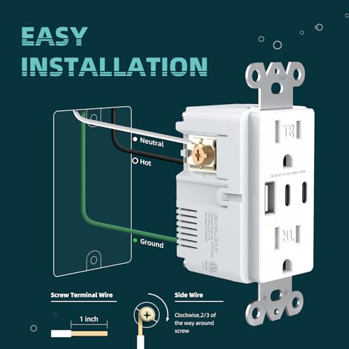 TOPELER USB C Outlet, 15 Amp Tamper Resistant Receptacle with USB-C/A Ports - color: White, size: 15A