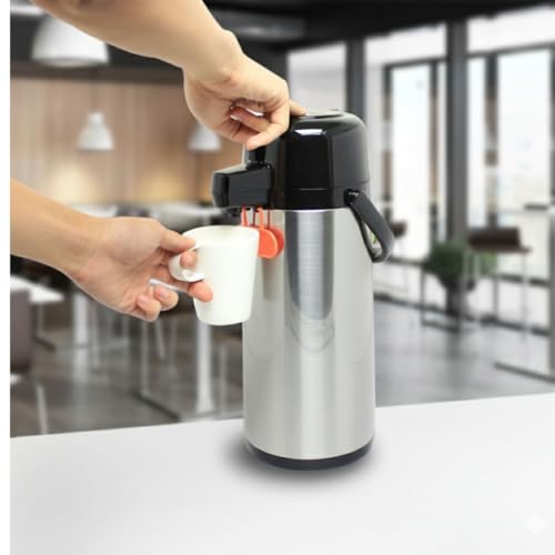 TrueCraftware- 1.9 Liter/ 64 oz Push Button Coffee Airpot Stainless Steel Body Glass Lined- Hot Beverage Coffee Chocolate Juice Tea Drinks Dispenser Ideal for Large Crowds for Any Occasion - size: 64.2 Ounces
