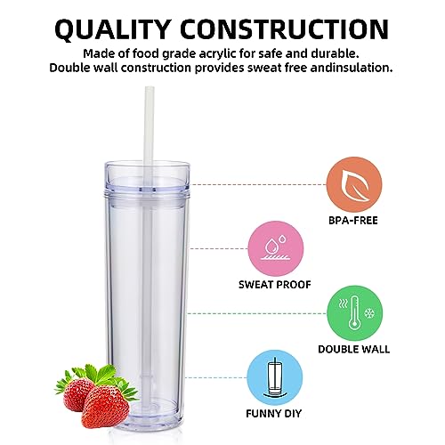 Volhoply 16oz Plastic Skinny Tumbler with Lid and Straw Bulk 4 Pack,Insulated Double Wall BPA Free Matte Acrylic Tumblers,Iced Coffee Travel Mug Reusable Party Cup,Customizable Diy Gifts(Clear,4 Set) - color: Clear