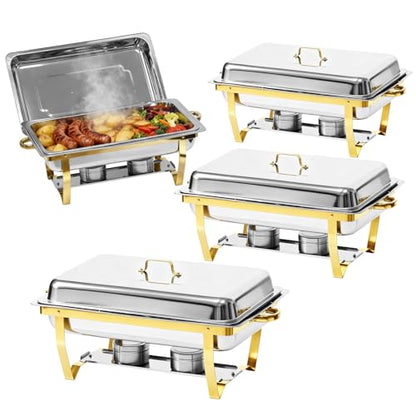 9Qt Chafing Dishes for Buffet, Gold Stainless Steel Chafing Dish Sets, Food Warmers for Parties, Buffet Servers and Warmers, Warming Trays for Buffets Party, Catering Supplies Buffet Display, 4 Pack - color: Gold-004