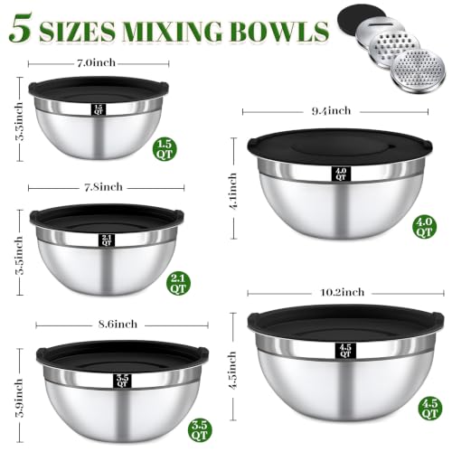 8PCS Mixing Bowls with Lids Set - 5 Nesting Mixing Bowls, 3 Grater Attachments, Lids, Stainless Steel Mixing Bowls for Mixing & Serving, Size 1.5/2.1/3.5/4/4.5 QT, Black - color: 8PCS Black Mixing Bowl Set